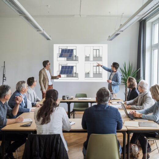 Wohnungseigentümer diskutieren vor Planzeichnungen über Balkonkraftwerke