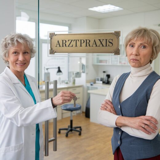 Ärztin übergibt Praxisschlüssel an Nachfolgerin, Vermieterin steht skeptisch daneben