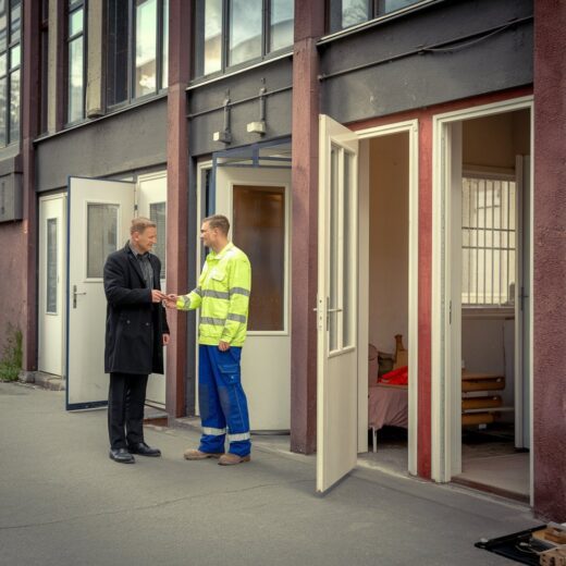 Vermieter übergibt Zimmerschlüssel an Zeitarbeiter vor umgenutztem Industriebau