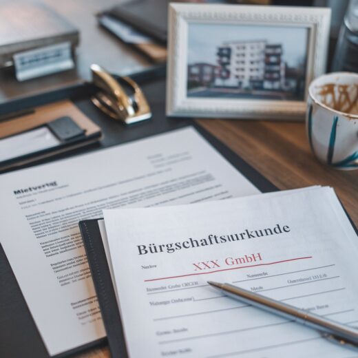 Bürgschaftsurkunde mit falschem Vermieter "XXX GmbH" auf einem Schreibtisch, Mietvertrag im Hintergrund.