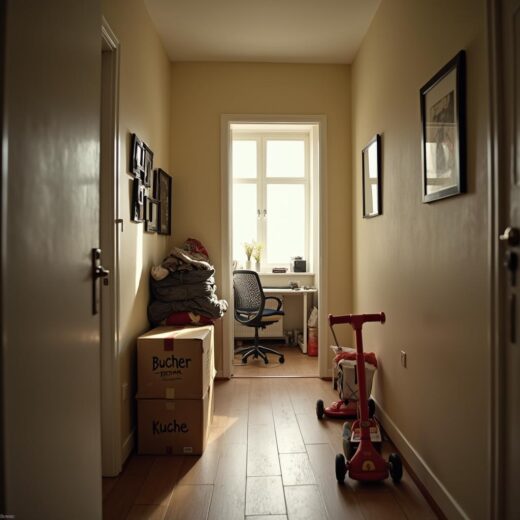 Enger Flur mit Umzugskartons, Kinderroller und einem halb offenen Raum für Büro und Spielbereich.