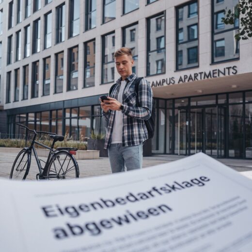 Student vor modernem Apartmentgebäude, Gerichtsdokument im Vordergrund.