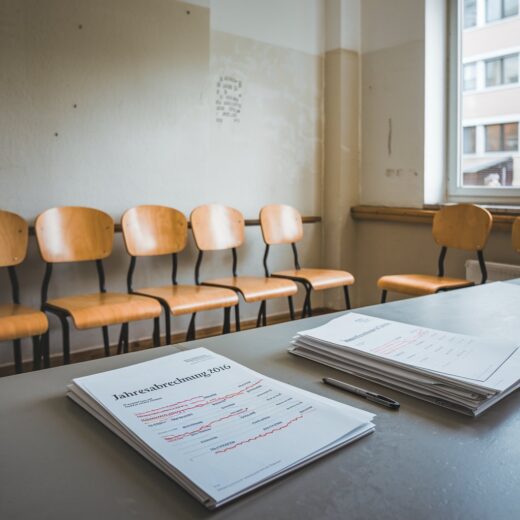 Sitzungsraum mit Dokumenten zur Heizstromkostenabrechnung und roten Korrekturen auf dem Tisch.