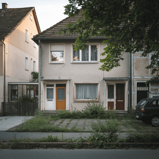 Zweifamilienhaus in ruhiger Wohngegend mit leicht beschädigtem Türanstrich, Hinweis auf mögliche Konflikte zwischen Bewohnern.