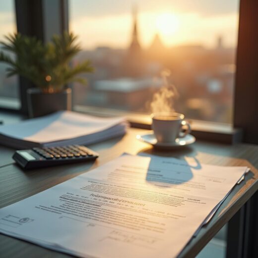 Modernes Büro in Düsseldorf mit Mietvertrag, Notizen, Rechner und Kaffeetasse. Stadtansicht im Hintergrund sichtbar.