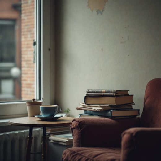 Gemütliche Ecke eines Berliner Altbaus mit einem Sessel, einem Tisch und einer Teetasse auf einem Stapel Bücher.