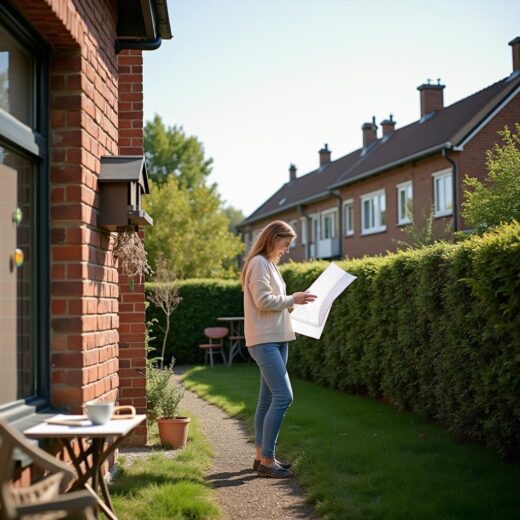 Frau plant einen Schornstein im Garten ihres Reihenhauses und hält einen Bauplan in der Hand.