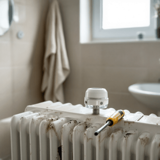 Beschädigter Heizkörper mit Montagespuren und Werkzeug in modernem Münchner Badezimmer.