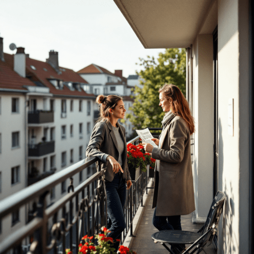 Zwei Frauen auf Balkon mit Solarpanel, diskutieren über Sicherheitshinweise; rote Geranien und Bistrotisch sichtbar.