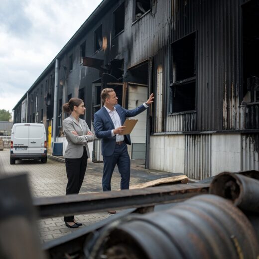 Gespräch zwischen zwei Personen vor einer abgebrannten Lagerhalle in einem Industriegebiet.