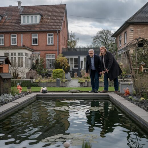Vermieter betrachten sorgenvoll einen großen, umgebauten Gartenteich in einem gepflegten Stadtgarten.
