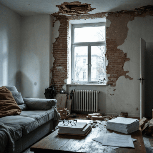 Unvollendete Wohnzimmerrenovierung mit Loch in der Decke, Baustellenschatten und rechtlichen Dokumenten auf dem Tisch.