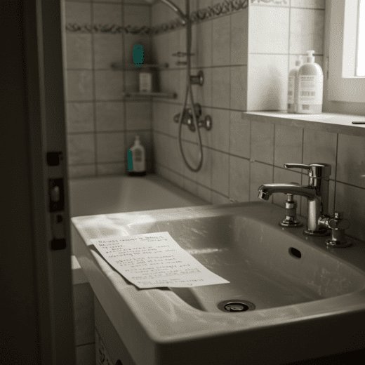 Veraltetes Bad mit nicht barrierefreier Wanne, staubiger Änderungsantrag auf der Ablage.