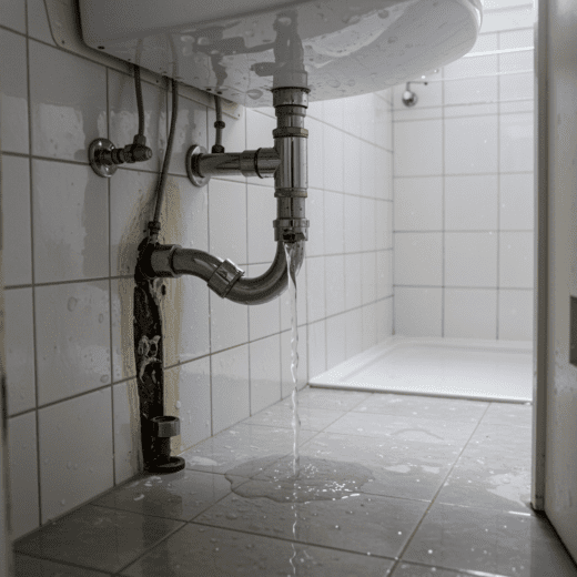 Wasserleck unter dem Waschbecken in modernem Badezimmer, Haftungsfragen zwischen Mieter, Untermieter und Vermieter.