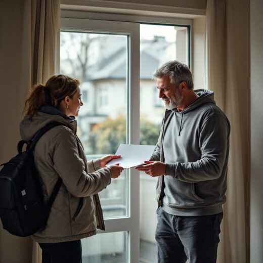 Briefträgerin gibt Brief. Mietrückstand, Kündigung Wohnung. Finanzielle Not.