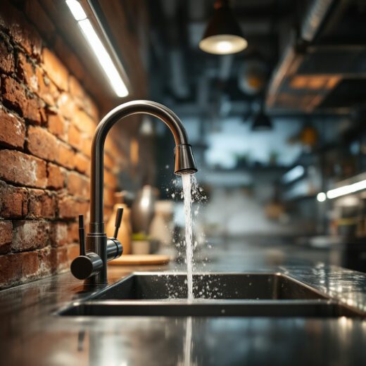 Person in Küche prüft Wasserprobe mit Legionellen-Wert zwischen 200 und 3.400 KbE/100 ml, zeigt Sorge, Wasserqualität im Mietstreit.