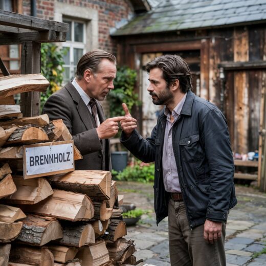 Vermieter zeigt im Hof gestikulierend auf Holzstapel, Mieter reagiert fassungslos bei Konflikt um Brennholz und Mietstreit.