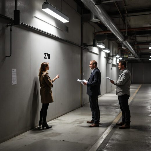 Frau an Stellplatz 270 mit Wallbox, WEG-Vertreter halten Plan für Gemeinschaftslösung, in grauer Tiefgarage mit Säulen.