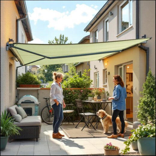 Vermieterin am Zaun blickt verärgert auf Mieterin mit Assistenzhund auf Terrasse vor Mietshaus