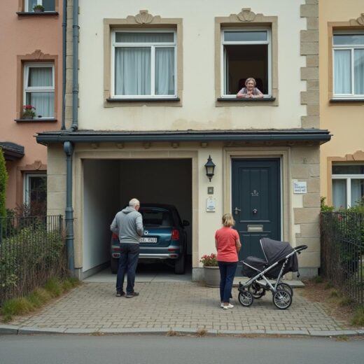 Familie mit Kinderwagen vor Mehrfamilienhaus, Eigentümer hinter Fenster verärgert