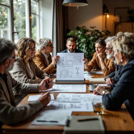 Eigentümerversammlung diskutiert Hofumgestaltung, Skizze, Kosten, Staketenzaun, Beratung