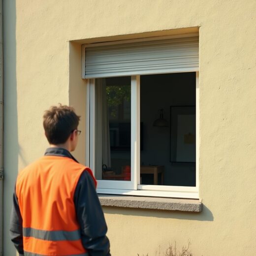 Wohnhausfassade mit leerem Fenster nach Rollladen-Demontage, Sanierung sichtbar.