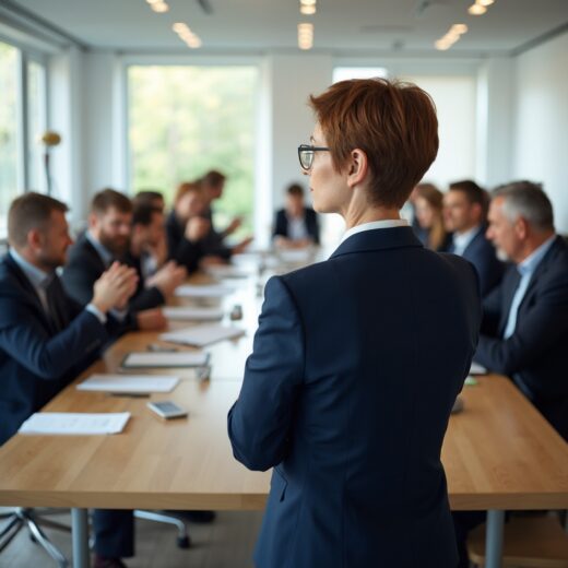 Eigentümerversammlung im modernen Konferenzraum, Frau beobachtet skeptisch die Abstimmung