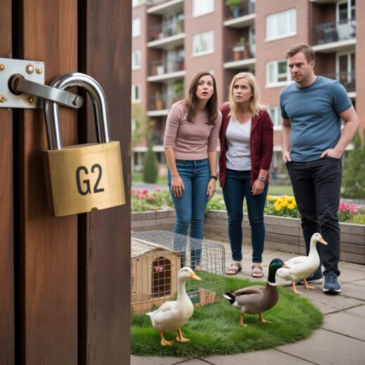 Miteigentümer vor verschlossener Kellerluke mit Enten im Hinterhof eines Mehrfamilienhauses