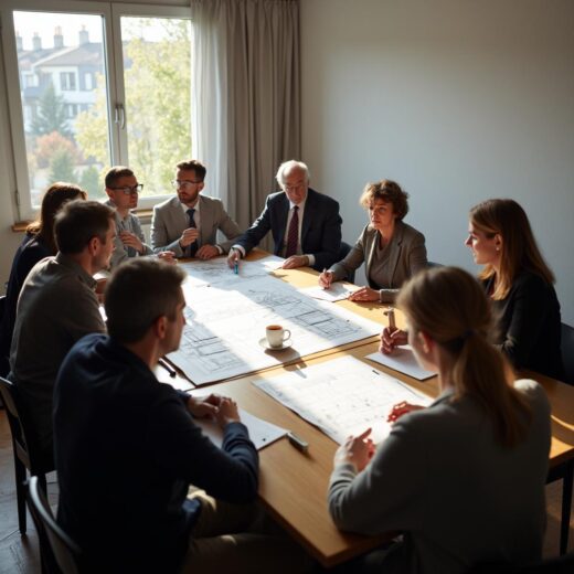 Mehrfamilienhaus-Gemeinschaftsraum mit Eigentümern bei Diskussion über Baupläne und Dokumente
