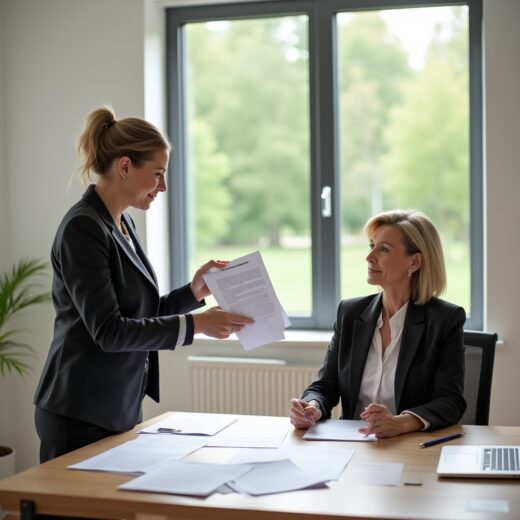 Zwei Frauen im modernen Büro bei der Übergabe eines Mietkautionsversicherungsdokuments