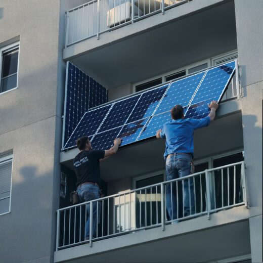 Zwei Monteure installieren ein Balkonkraftwerk an der Außenwand eines Gebäudes, dessen Montage häufig an den strengen Auflagen eines WEG-Beschlusses scheitert.