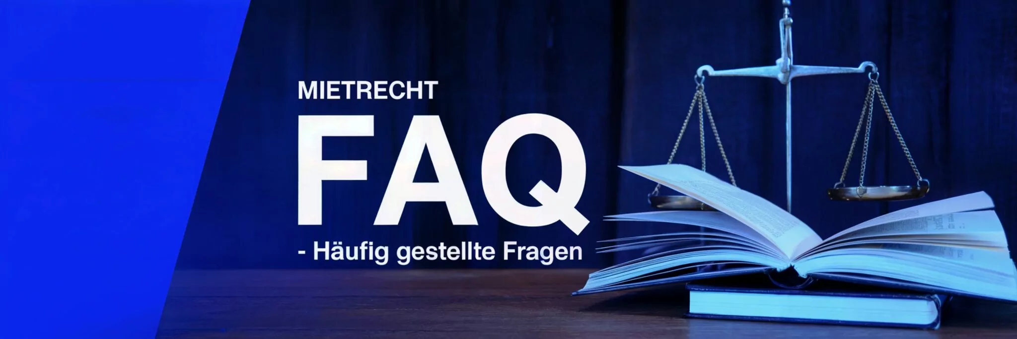 Informationsgrafik zu FAQ Mietrecht mit Waage, Buch und dem Schriftzug "Häufig gestellte Fragen".