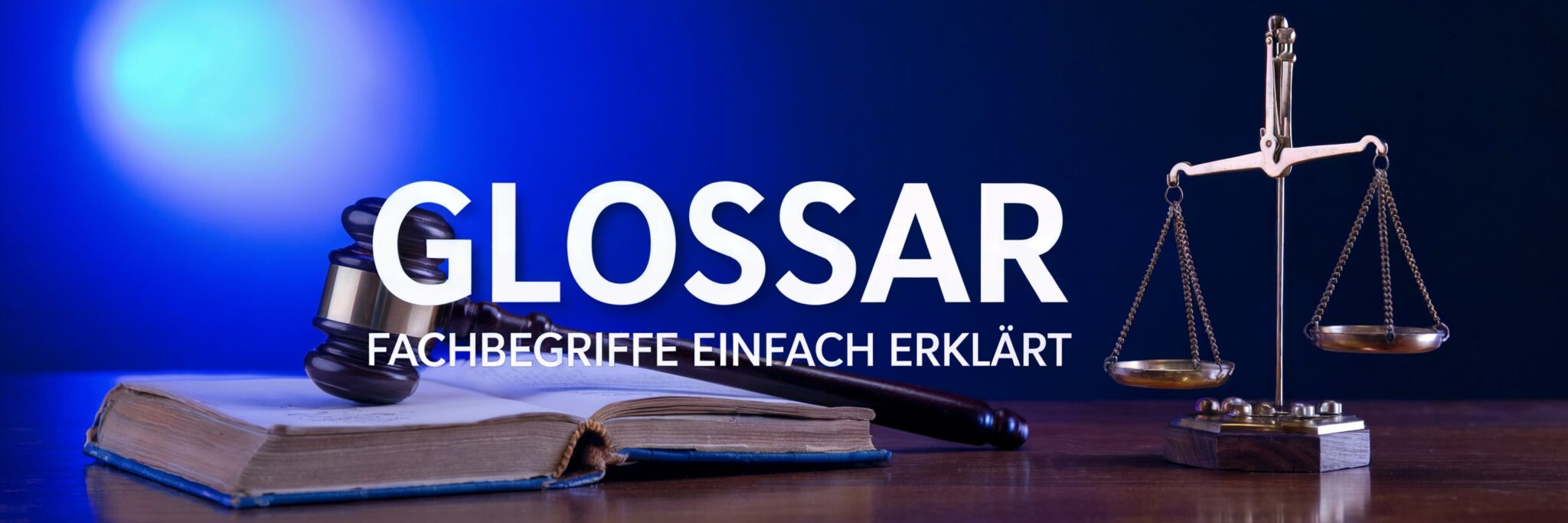 Waage, Richterhammer und ein Buch veranschaulichen das Glossar Mietrecht mit einfach erklärten Fachbegriffen.