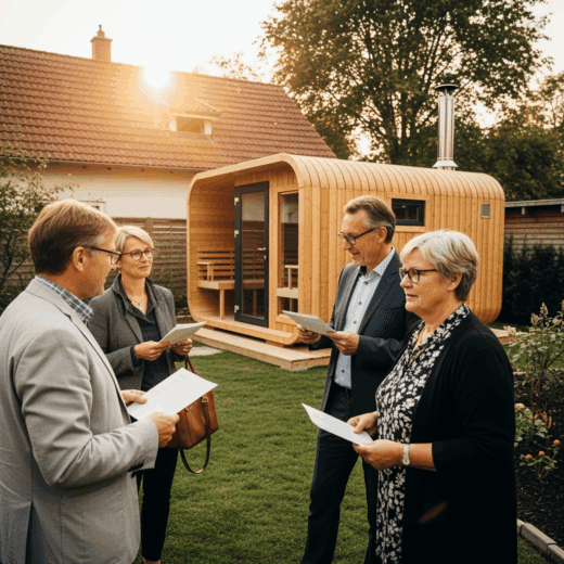 Vier Personen diskutieren im Abendlicht vor einem Gebäude über die Nichtigkeit einer fehlerhaften WEG-Versammlungseinladung.