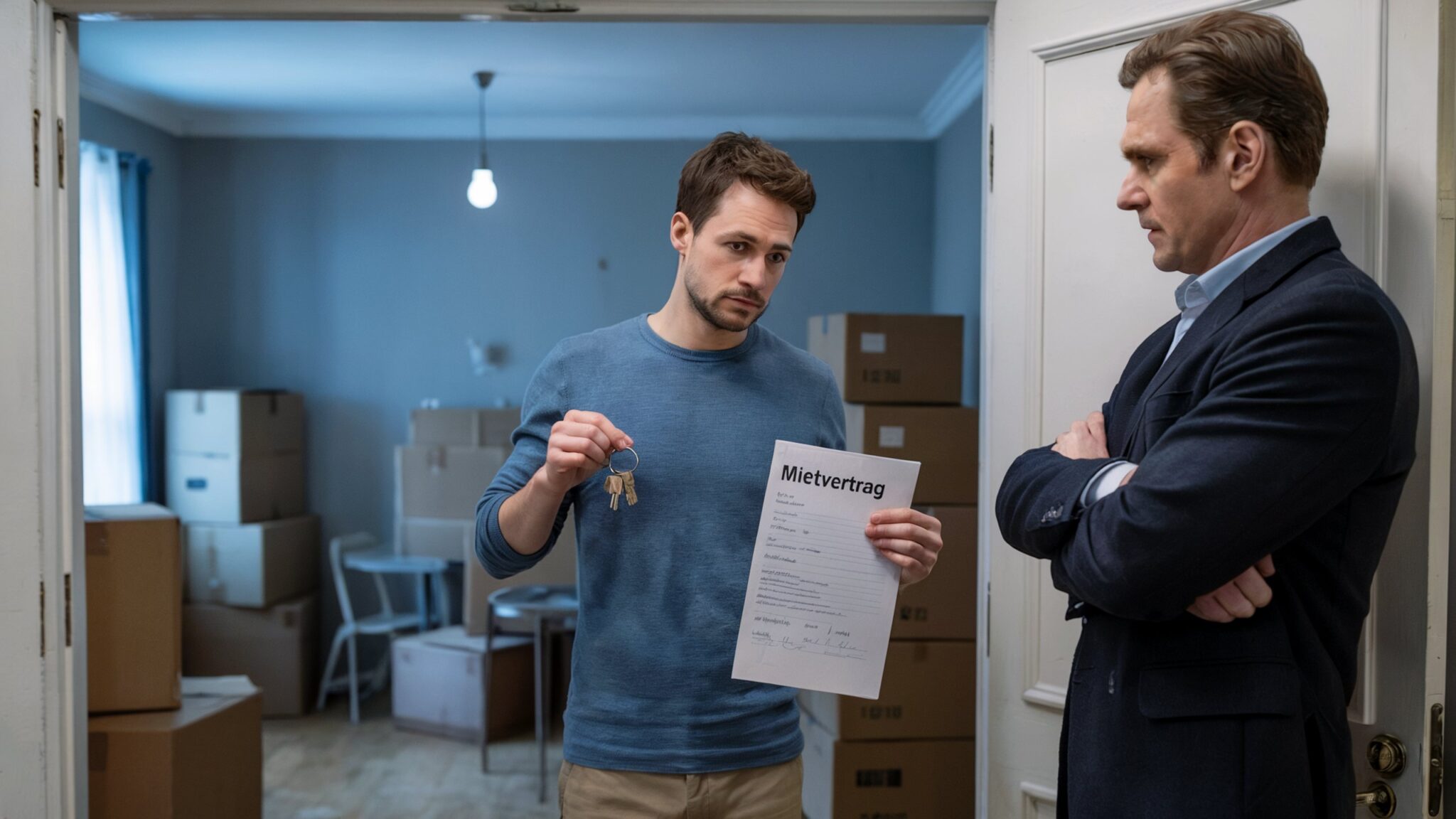 Ein ehemaliger Mieter diskutiert mit dem Vermieter, während er den Mietvertrag und einen Schlüsselbund in der Hand hält, um die Rückzahlung seiner Mietkaution und die anhaltenden Mietzahlungen für eine als Lager genutzte Wohnung zu klären.