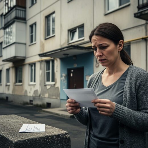 Besorgte Frau liest ein Schreiben vor abgenutztem Gebäude, symbolisiert drohende finanzielle Belastungen durch Sonderumlage.