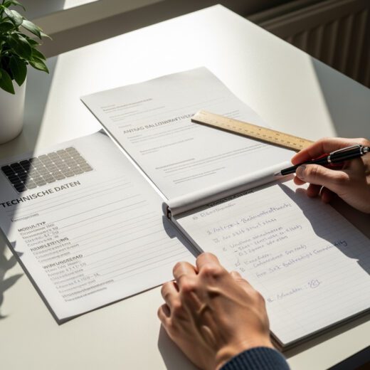 Hände einer Person, die sorgfältig Unterlagen wie ein technisches Datenblatt und Notizen für den Antrag eines Balkonkraftwerks bei der Eigentümergemeinschaft an einem Tisch sortiert.