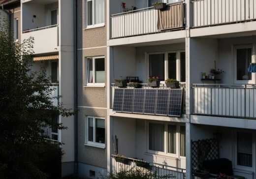 Die Fassade eines deutschen Mehrfamilienhauses, bei der ein Balkon mit einer großen Solaranlage die einheitliche Optik stört und eine bauliche Veränderung darstellt.