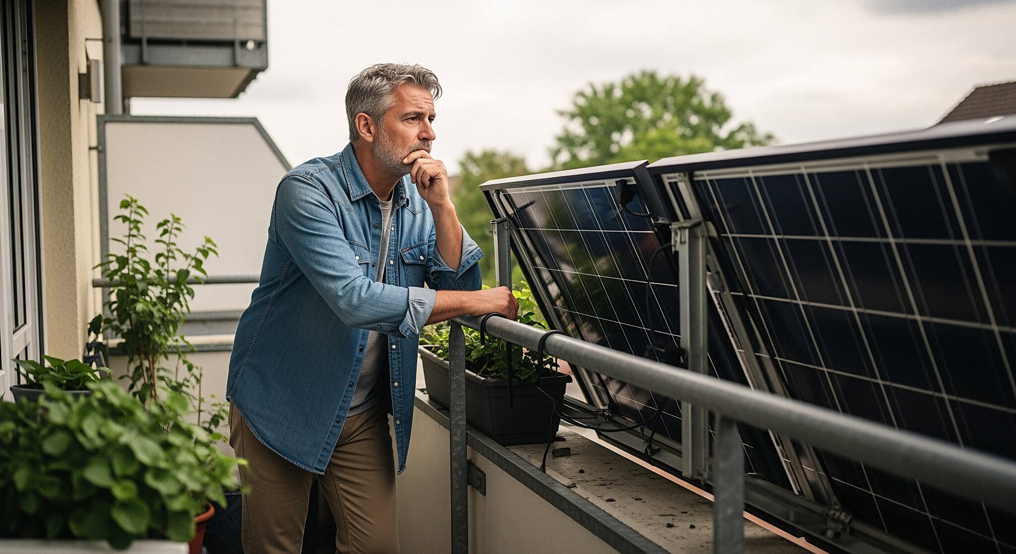 Ein Mann mittleren Alters steht nachdenklich auf seinem Balkon neben einer neu installierten Solaranlage und blickt in die Ferne, was den Konflikt mit der Eigentümergemeinschaft symbolisiert.