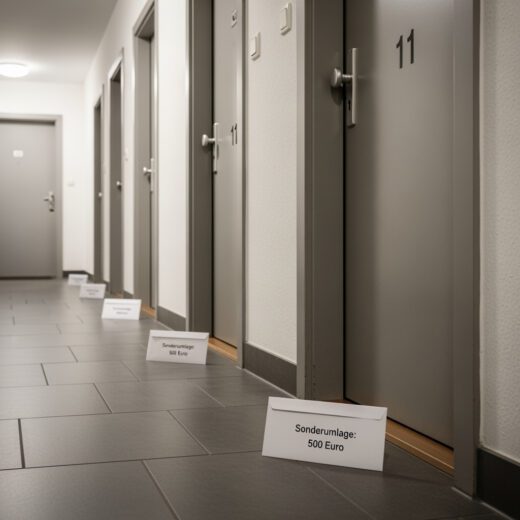 Die vor einer Wohnung liegende Mitteilung über 500 Euro Sonderumlage für die neue Heizungsanlage symbolisiert den unwirksamen Beschluss der Wohnungseigentümergemeinschaft aufgrund eines falschen Verteilungsschlüssels.