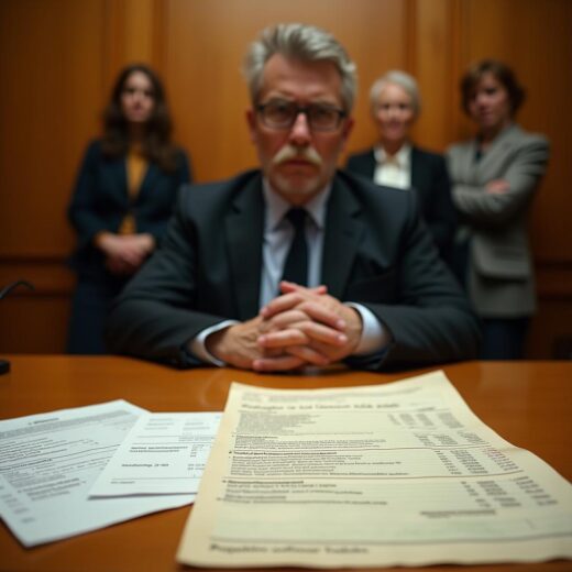 Ein Mann in Anzug sitzt am Tisch mit gefalteten Händen vor mehreren Papieren; im Hintergrund stehen drei weitere Personen in Bürokleidung vor einer Holzwand.