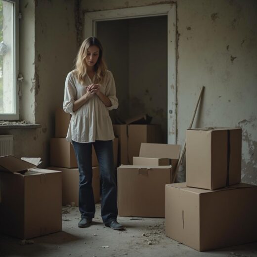 Die Mieterin steht nachdenklich in ihrer staubigen Wohnung, umgeben von Umzugskartons, während die Räumungsklage trotz eines Mietminderung Urteils wegen ausbleibender Mängelbeseitigung ihren erzwungenen Auszug besiegelt.