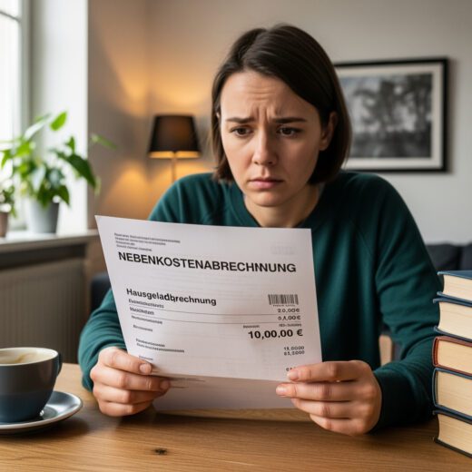 Eine Frau blickt mit besorgter Miene auf eine Nachzahlungsaufforderung ihrer Wohnungseigentümergemeinschaft, die hohe rückwirkende Hausgelder fordert.