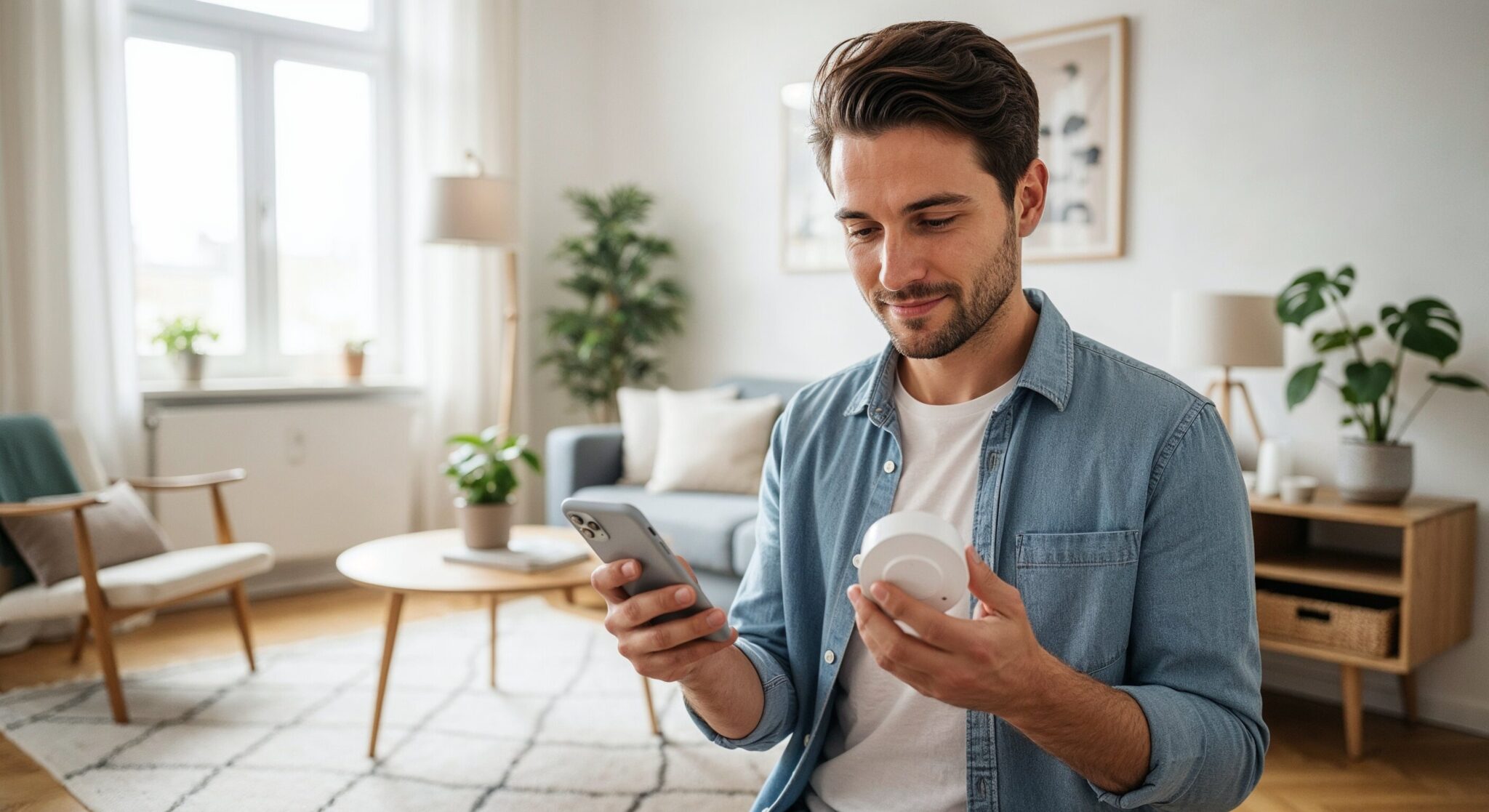 Ein Mieter steht in seinem Wohnzimmer und überlegt, ob er ein smartes Heizkörperthermostat in seiner Mietwohnung installieren darf.
