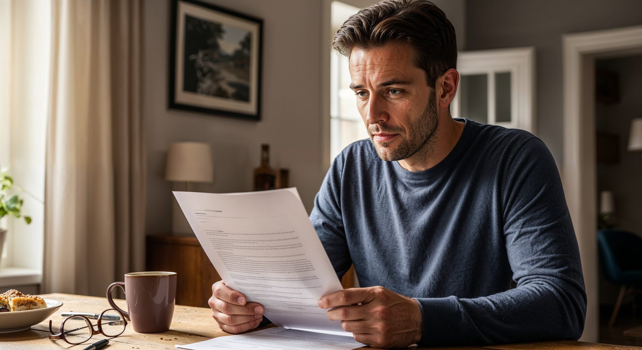 Ein Mann mittleren Alters sitzt an seinem Küchentisch und liest mit besorgtem Gesichtsausdruck ein offizielles Schreiben zur Mieterhöhung.