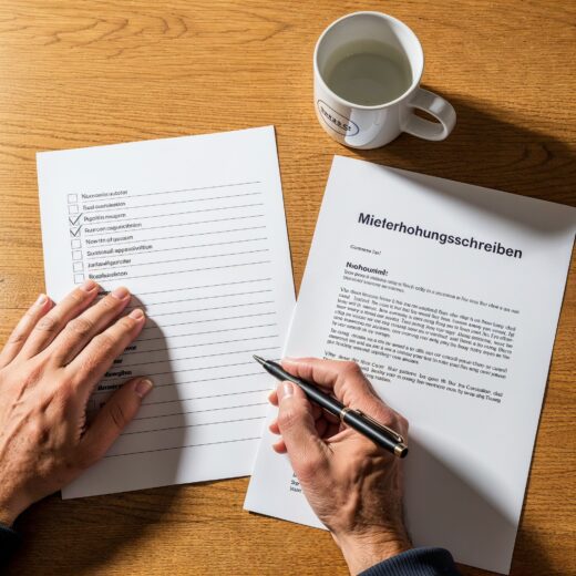 Hände einer Person, die mit einem Stift eine Checkliste abhakt, um ein Schreiben zur Mieterhöhung auf formale Fehler zu überprüfen.