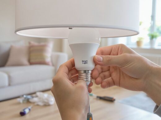 Eine Person tauscht eine herkömmliche Glühbirne gegen eine smarte LED-Lampe aus, eine in Mietwohnungen meist erlaubte Maßnahme.