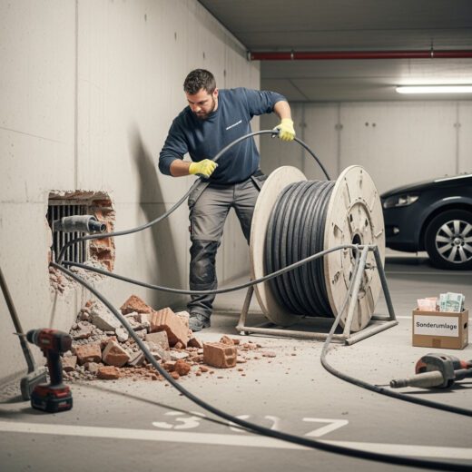 Ein Handwerker installiert konzentriert die umstrittene Ladeinfrastruktur in einer Tiefgarage, wobei der nötige Wanddurchbruch die Entscheidung über die Kostenverteilung der gesamten Eigentümergemeinschaft überlässt.