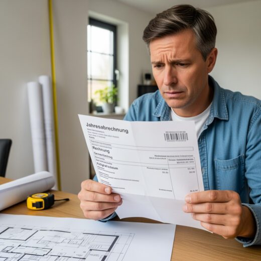 Ein Wohnungseigentümer studiert mit ernster Miene die Jahresabrechnung und Baupläne, die zum Kern des Rechtsstreits um drastisch gestiegene Gutachterkosten und die Kostenverteilung in seiner WEG wurden.