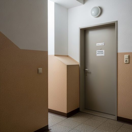 Die unscheinbare graue Wohnungseingangstür der Familie Schmidt, mit dem Hinweis auf die einzuhaltende „Ruhezeit“, birgt den Kern eines jahrelangen WEG-Rechtsstreits, da ihre Platzierung im Treppenhaus entgegen der Teilungserklärung erfolgte und der teure Rückbau nun gerichtlich angeordnet wurde.